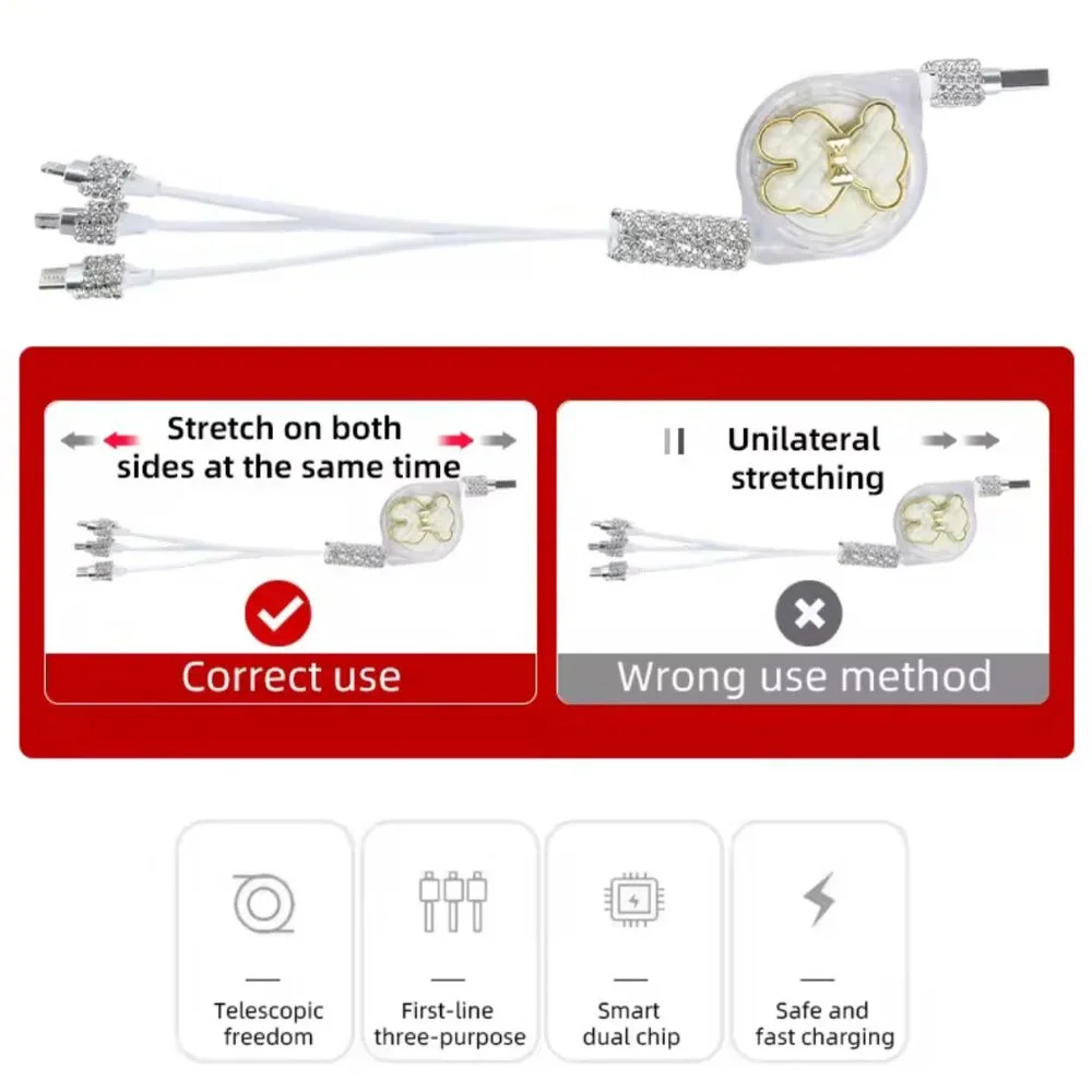 luxury 3-in-1 Charging Cable with Sparkly Rhinestones & bear design